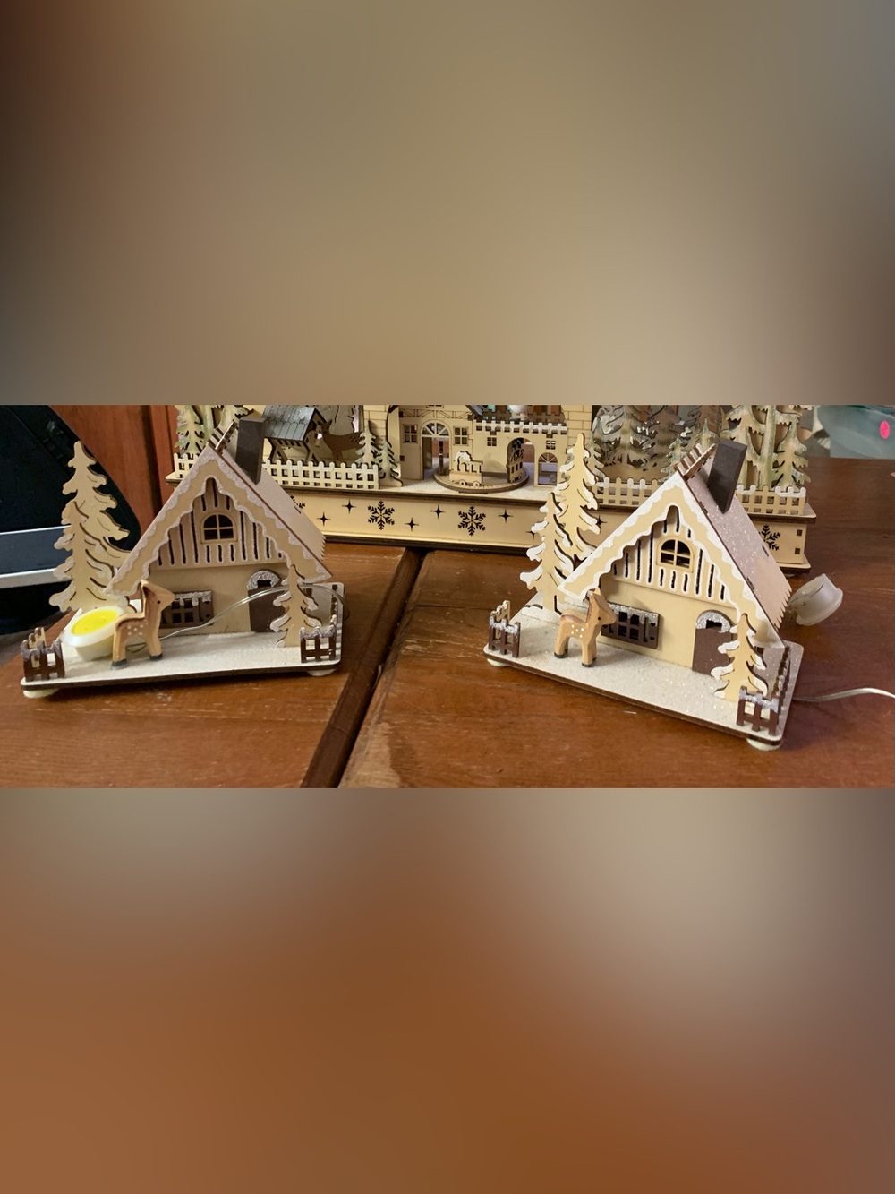 Two Laser Cut Christmas Ski Chalet Mini Houses With LED Lights
